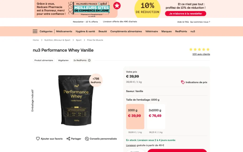 Product page for nu3 Performance Whey Vanilla on Redcare Pharmacie