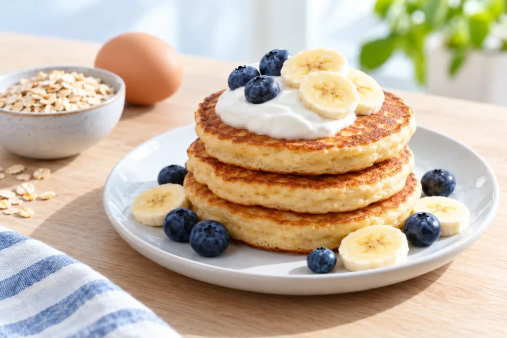 Stack of fromage blanc protein pancakes without whey, topped with blueberries and banana slices