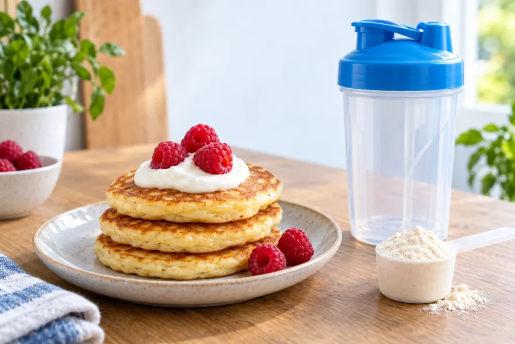 Golden whey protein pancakes served with fromage blanc and raspberries