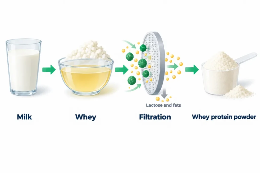 How whey isolate is made: from milk to whey, then filtration and drying into powder