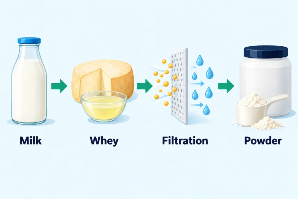 Diagram of how whey protein is made: from milk to curd and whey, then filtration and drying into a powder