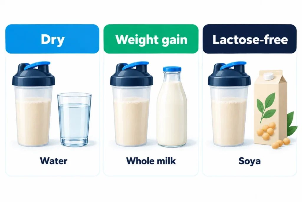 What to mix whey with by goal: water when cutting, whole milk when bulking, soya when avoiding lactose