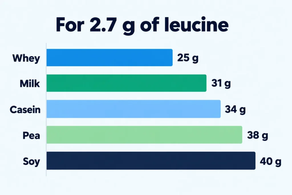 Chart: grams of protein needed to reach 2.7 g of leucine, whey 25 g, milk 31 g, casein 34 g, pea 38 g, soy 40 g