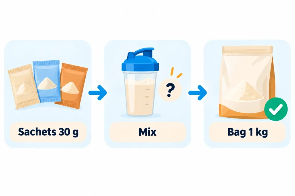 Three-step method for testing a Zumub whey flavour: 30 g sachet, taste it, then the 1 kg bag