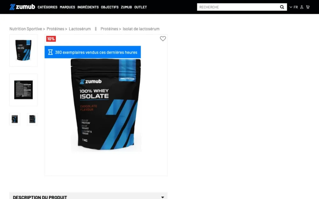 Product page for 100% Whey Isolate on the official Zumub site