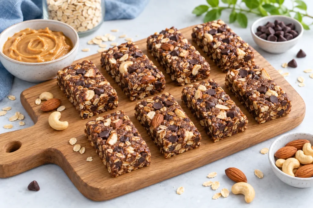 Homemade whey, oat and chocolate protein bars, cut up on a board