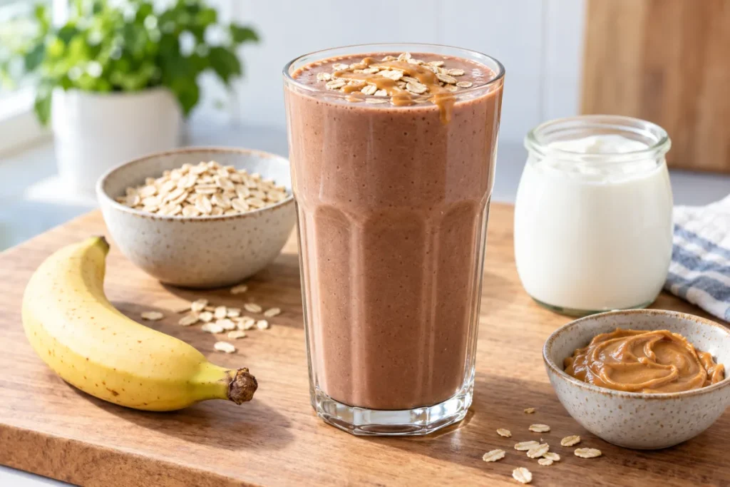 Large homemade mass gainer shake with no whey, made with chocolate, oats and banana