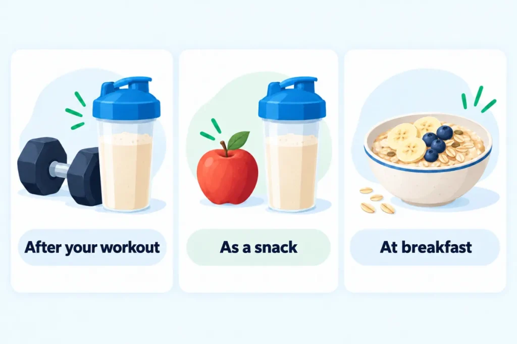 Diagram of the three best moments to take a whey isolate depending on your goal: after the session, as a snack, at breakfast