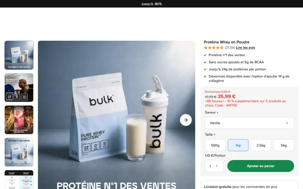 Product page for the Bulk Pure Whey Protein