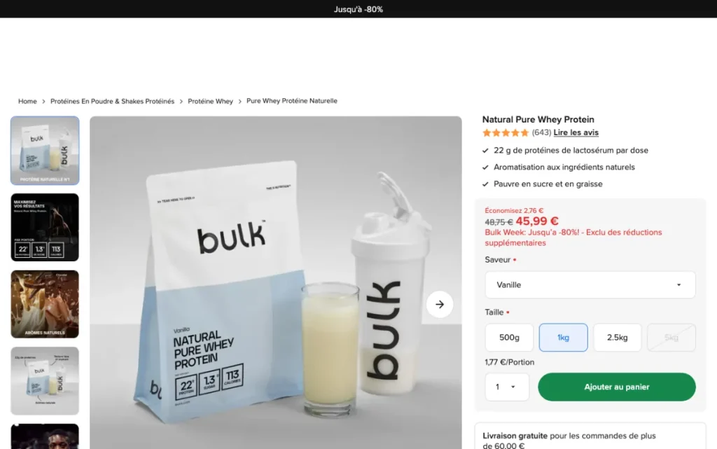 Product page for the Bulk Natural Pure Whey Protein