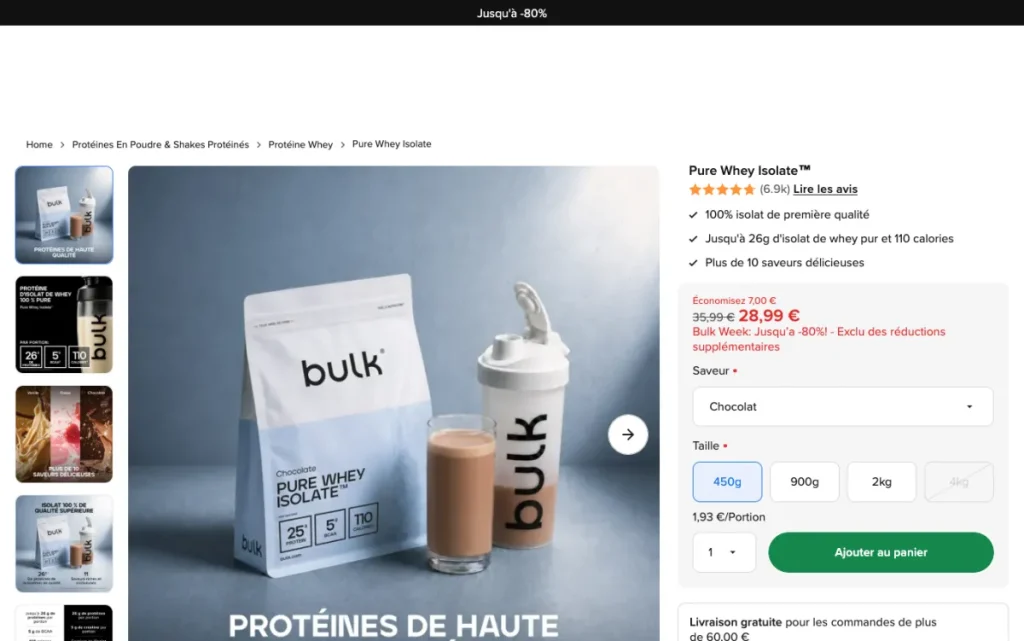 Product page for the Bulk Pure Whey Isolate