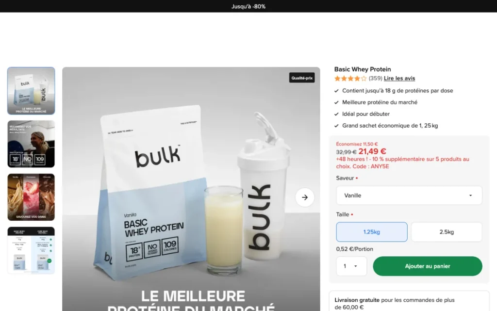 Product page for the Bulk Basic Whey Protein