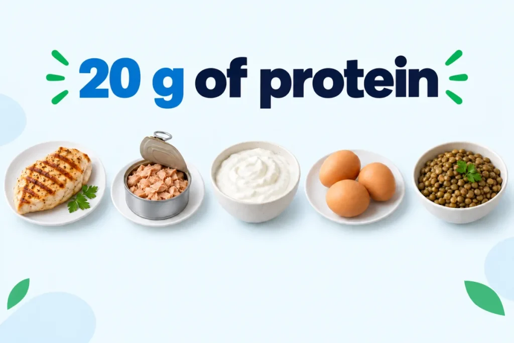 Food portions delivering 20 g of protein: chicken, tuna, fromage blanc, eggs, lentils