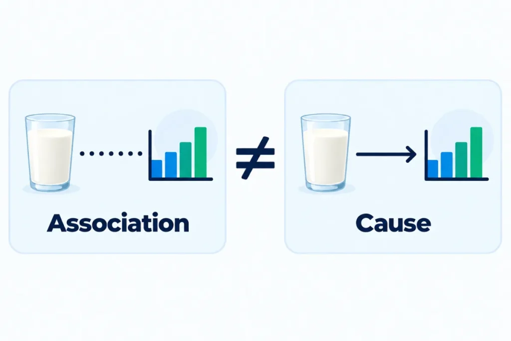 Diagram explaining that a statistical association between a food and a disease does not prove the food is the cause