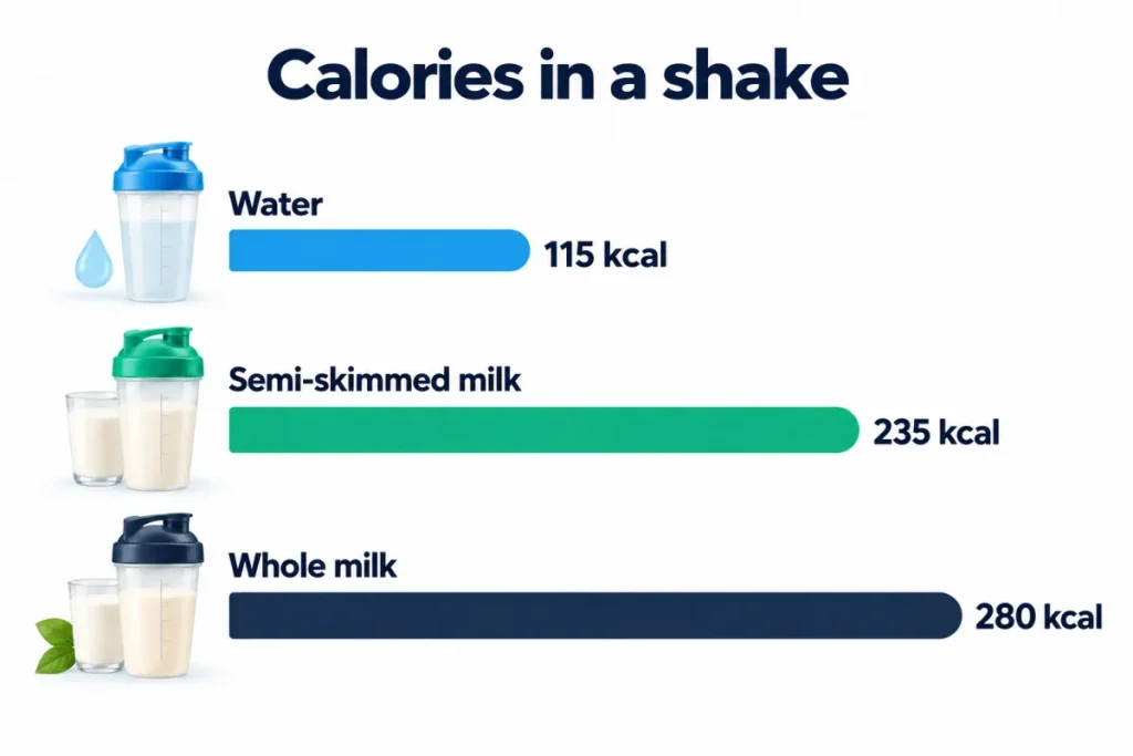 Calories in a 30 g whey shake depending on the liquid: water, semi-skimmed milk, whole milk