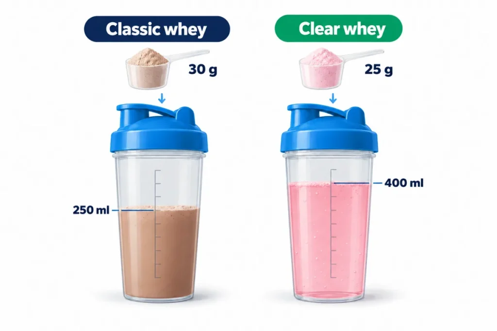 Whey to water ratio: 30 g of whey in 250 ml, 25 g of clear whey in 400 ml
