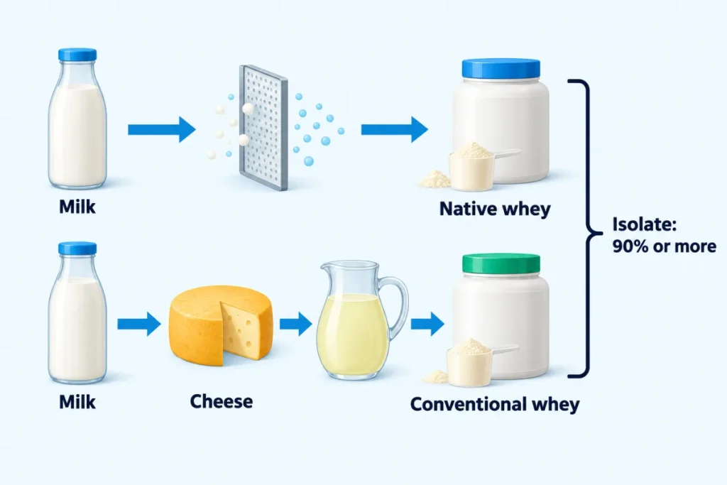 Diagram: native whey comes from milk, standard whey from cheese, and isolate goes above 90% protein