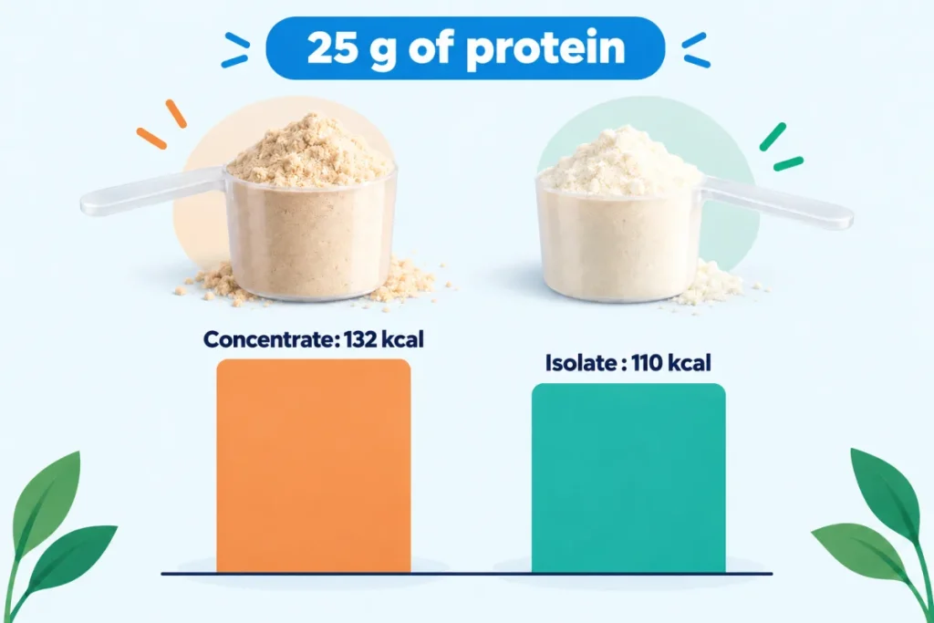 For 25 g of protein: about 132 kcal of whey concentrate against 110 kcal of whey isolate
