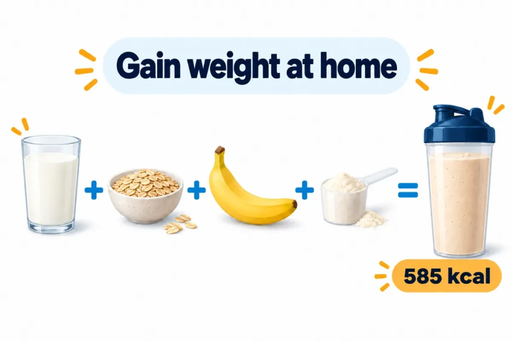Homemade gainer: milk, porridge oats, banana and whey, about 585 kcal