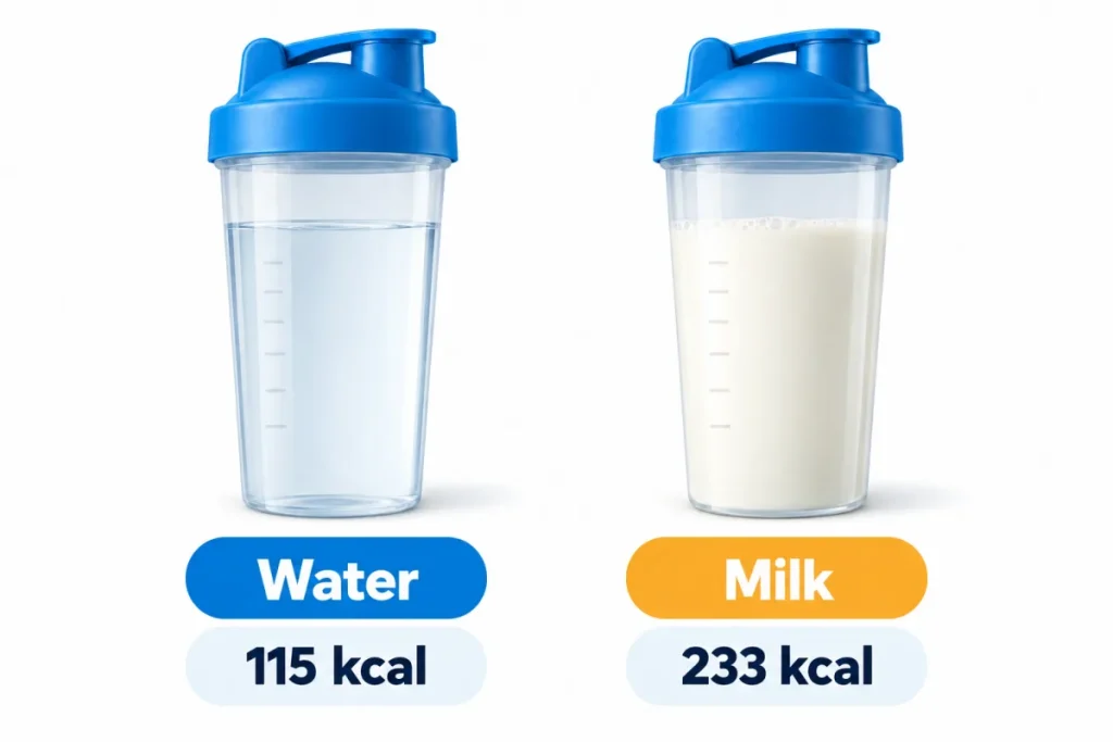 Whey protein shake made with water, about 115 kcal, next to one made with semi-skimmed milk, about 233 kcal