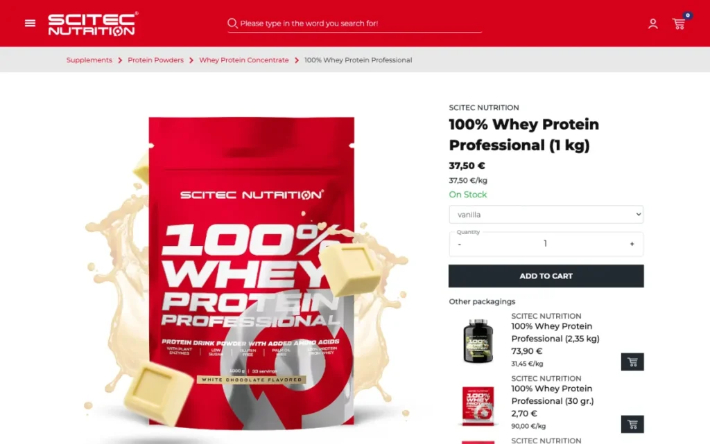 100% Whey Protein Professional product page from Scitec Nutrition