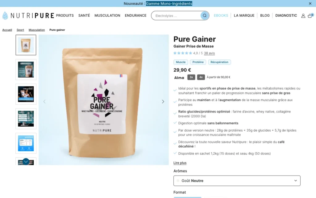 Pure Gainer product page from Nutripure