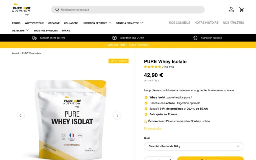 Page produit de la PURE Whey Isolate AM Nutrition