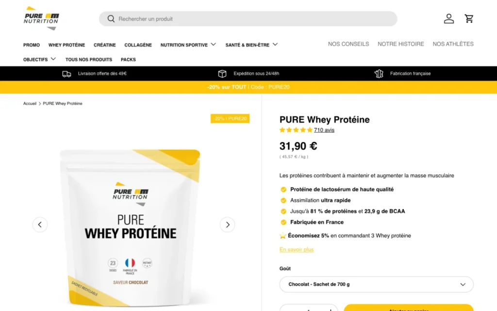 Page produit de la PURE Whey Protéine AM Nutrition