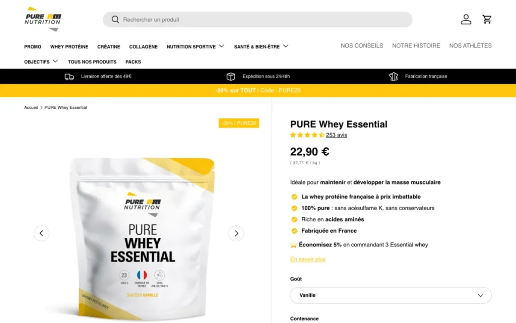 Page produit de la PURE Whey Essential AM Nutrition
