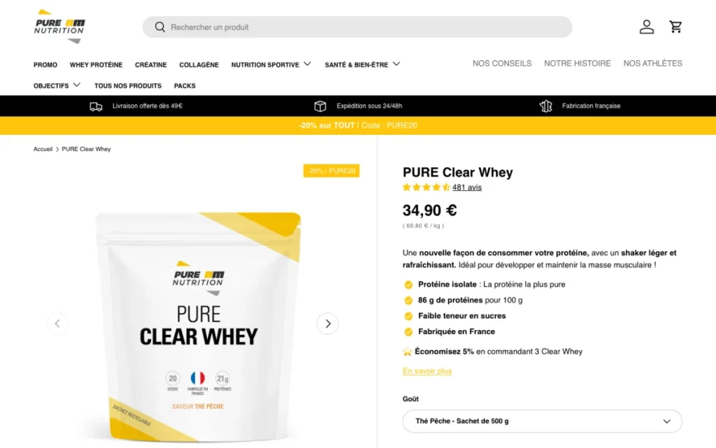 Page produit de la PURE Clear Whey AM Nutrition