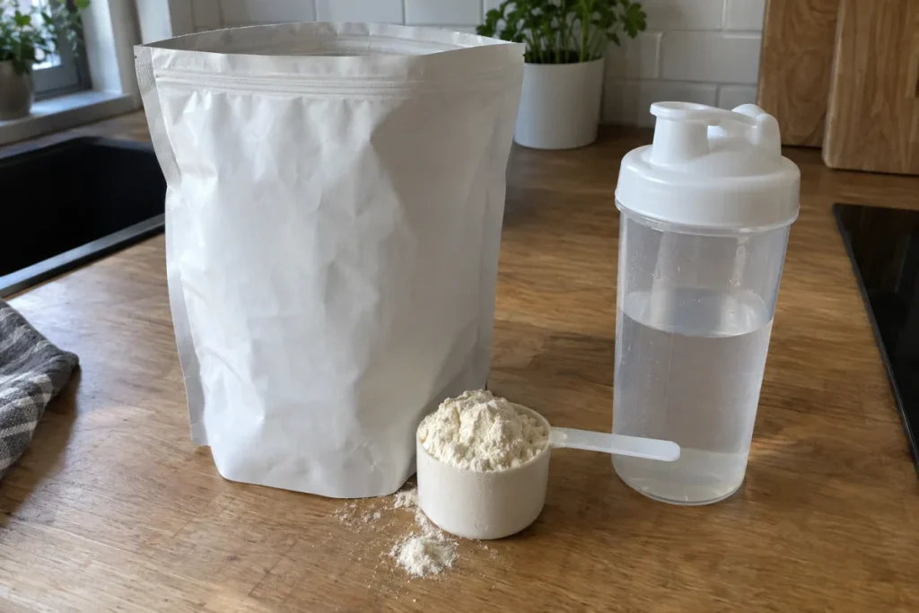 Sachet souple sans marque de whey neutre, doseur et shaker sur un plan de travail de cuisine