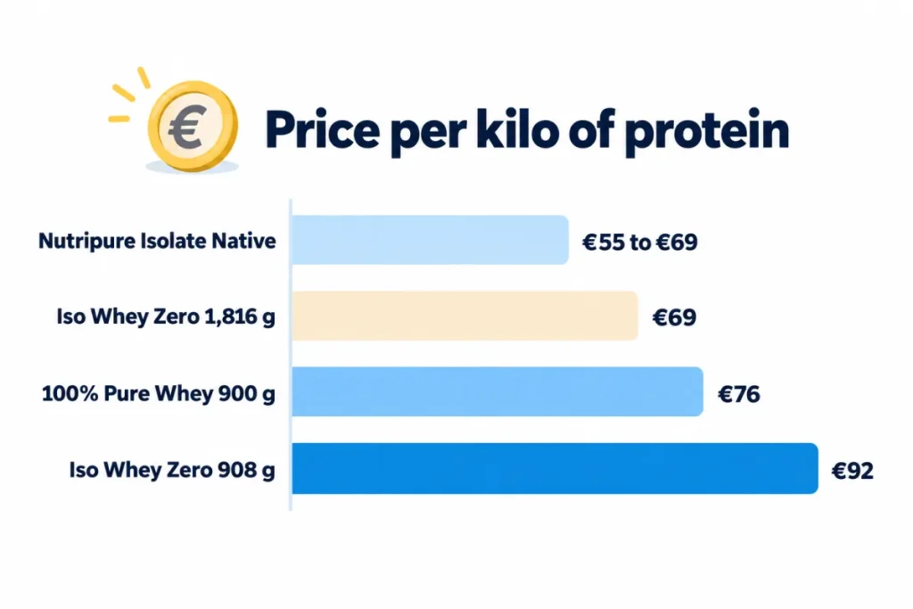 Price per kilo of protein: BioTechUSA wheys compared with Nutripure Whey Isolate Native