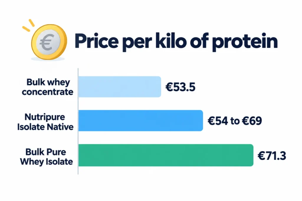 Price per kilo of protein: Bulk wheys on sale compared with Nutripure Whey Isolate Native