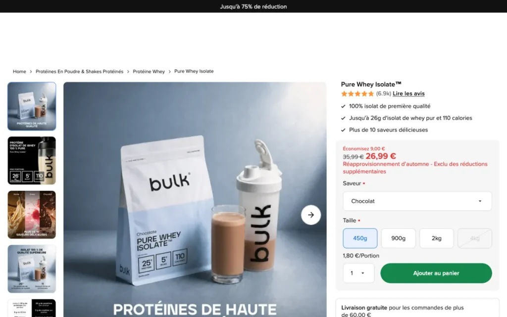 Fiche produit de la Pure Whey Isolate Bulk sur bulk.com