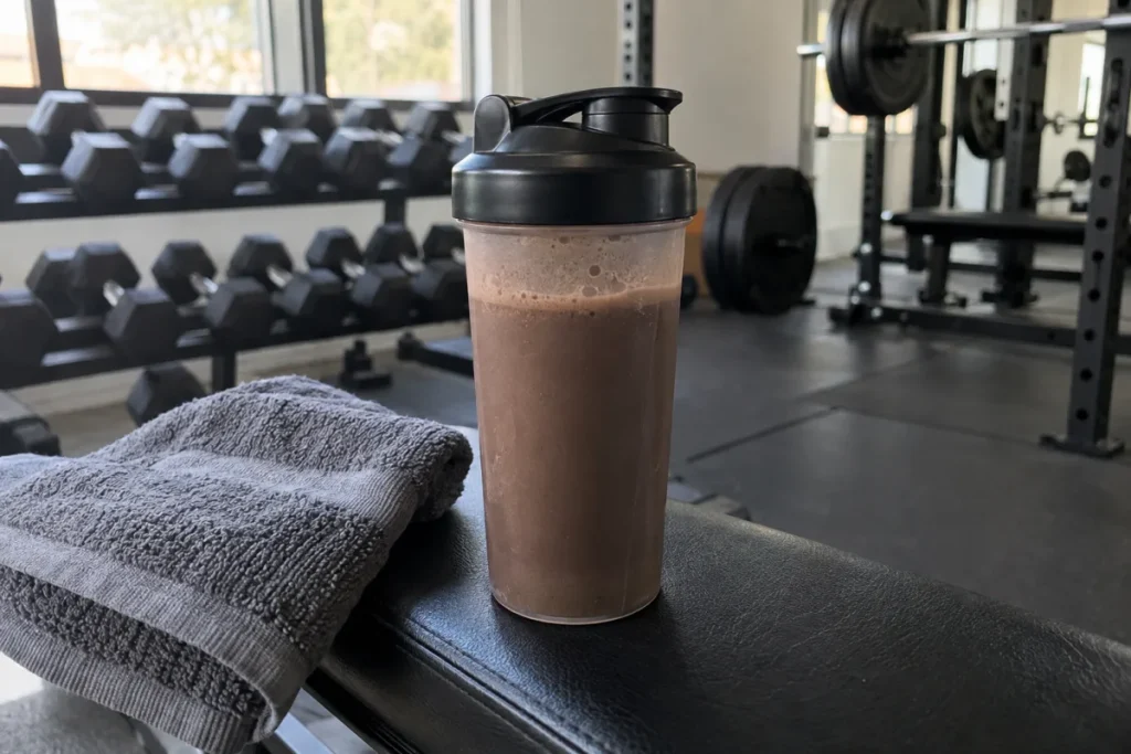 Shaker de whey chocolat posé sur un banc de salle de sport, à côté d'une serviette