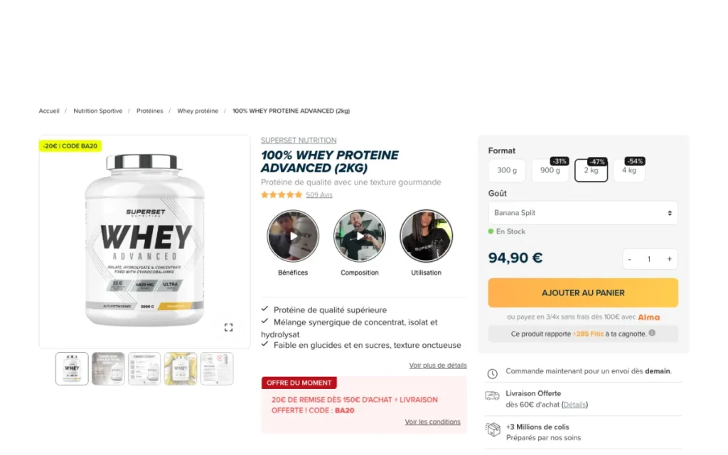 Fiche produit de la Whey Advanced Superset Nutrition sur fitadium.com
