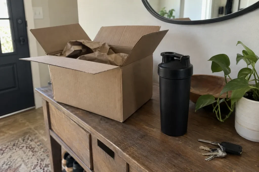 Colis en carton ouvert sur une table d'entrée avec un shaker vide posé à côté
