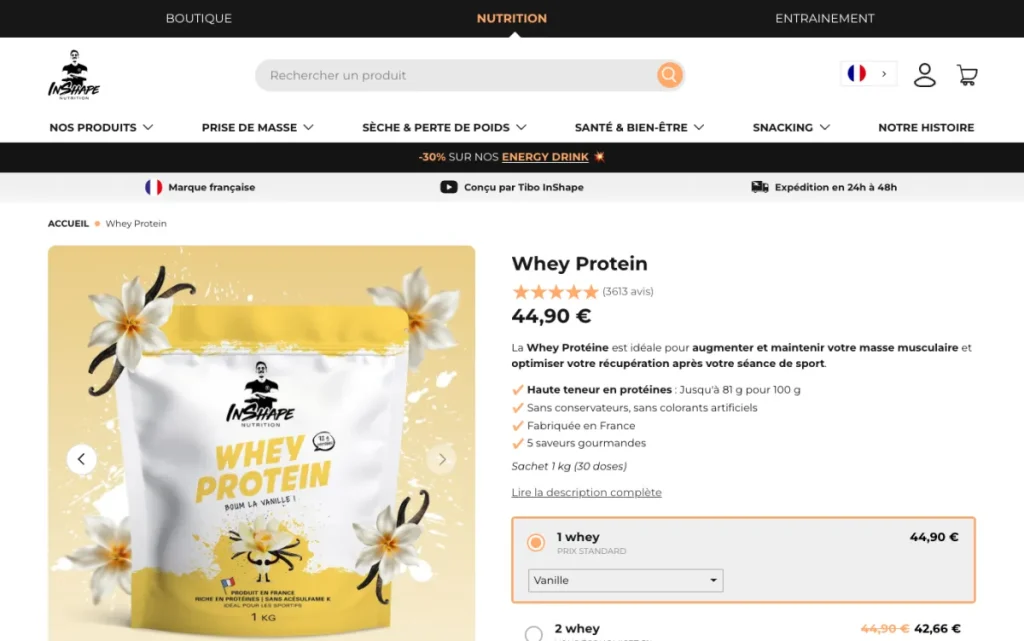Fiche produit de la Whey Protein InShape Nutrition sur inshape-nutrition.com