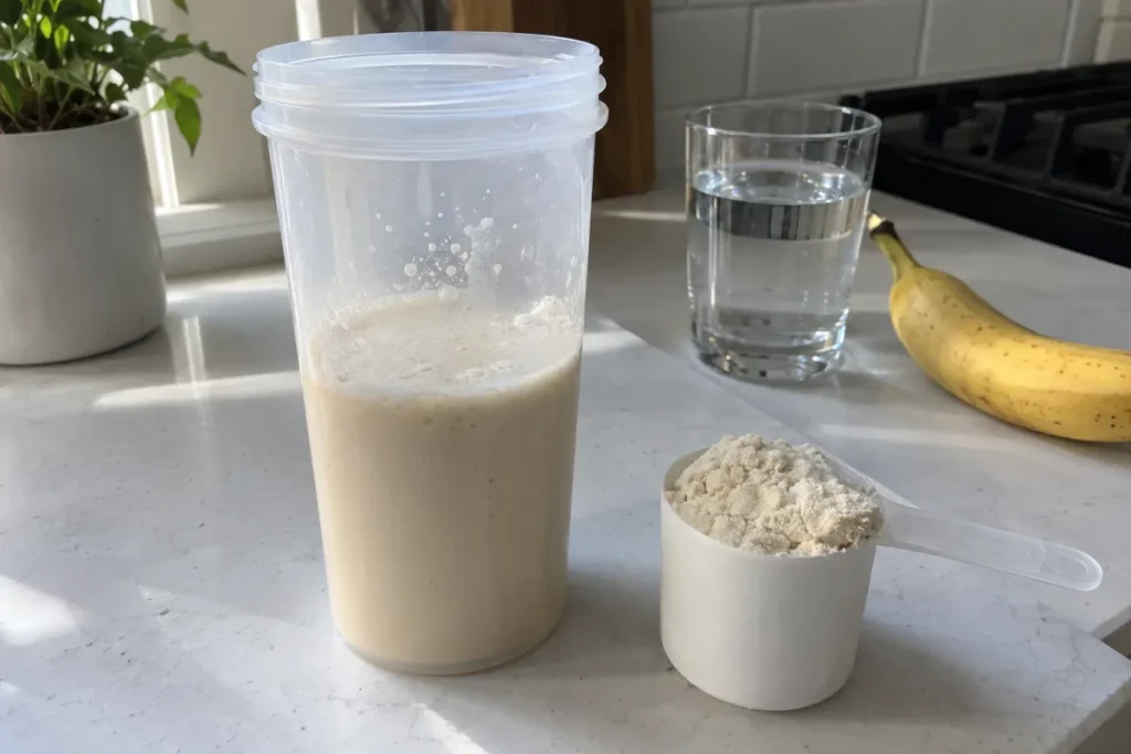 Shaker de whey vanille et dosette de poudre sur un plan de travail clair