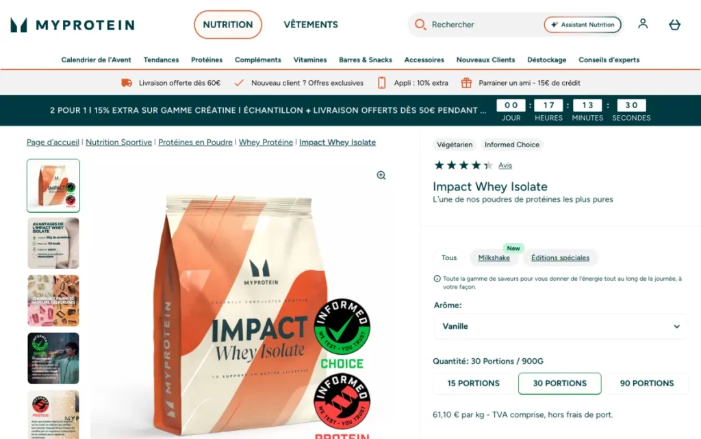 Fiche produit de l'Impact Whey Isolate Myprotein sur fr.myprotein.com