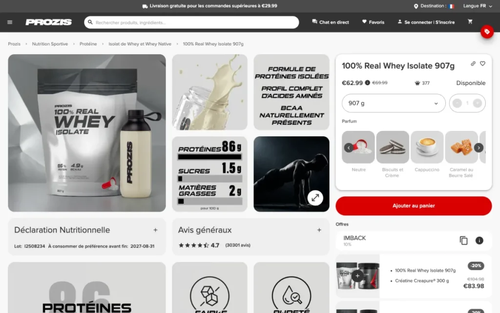 Fiche produit de la 100% Real Whey Isolate Prozis sur prozis.com
