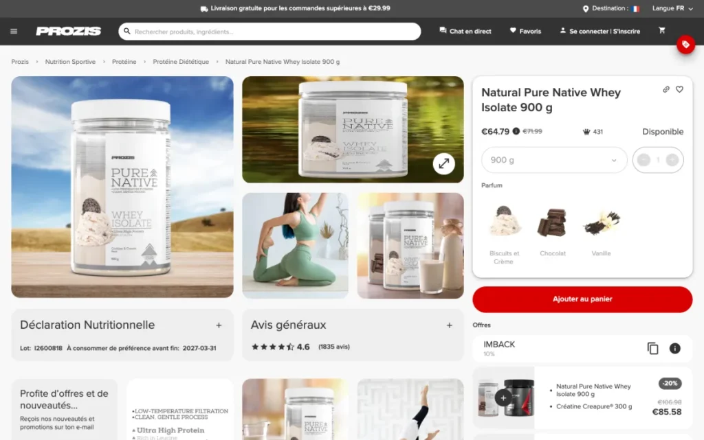 Fiche produit de la Natural Pure Native Whey Isolate Prozis sur prozis.com
