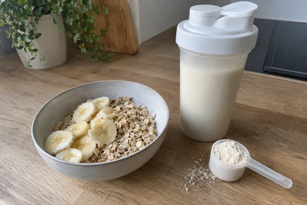 Bol de flocons d'avoine et shaker de whey vanille sur un plan de travail de cuisine le matin