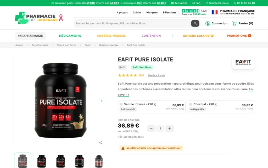 Page produit de la Pure Isolate Eafit
