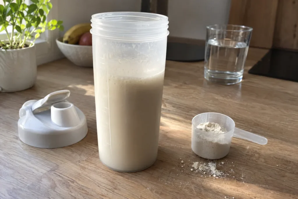 Shaker de whey vanille et doseur posés sur un plan de travail de cuisine