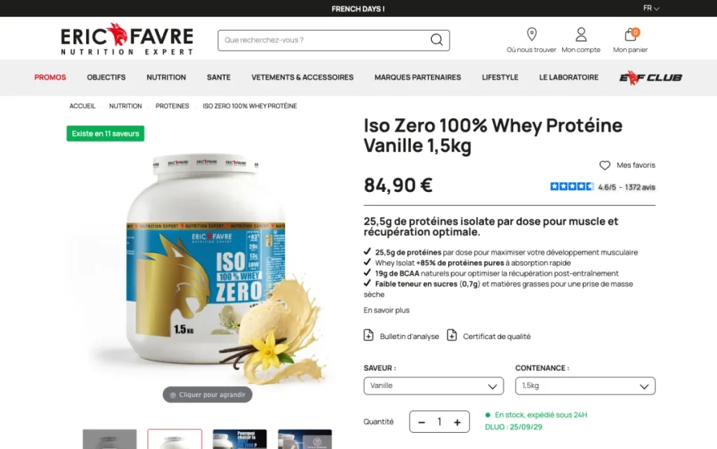 Page produit de la whey Iso Zero 100% Eric Favre