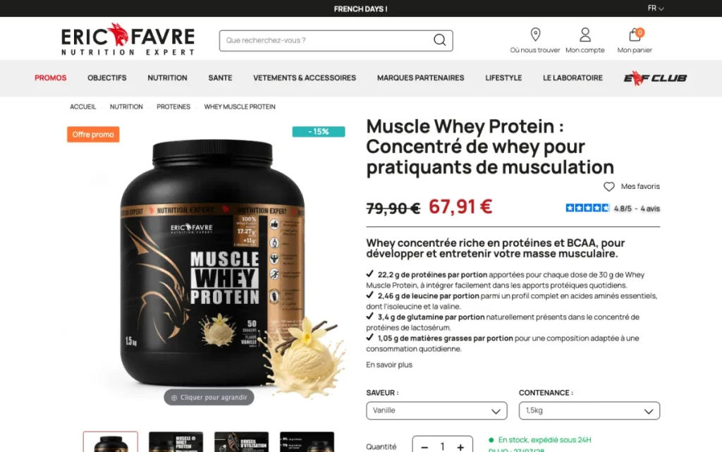 Page produit de la Muscle Whey Protein Eric Favre