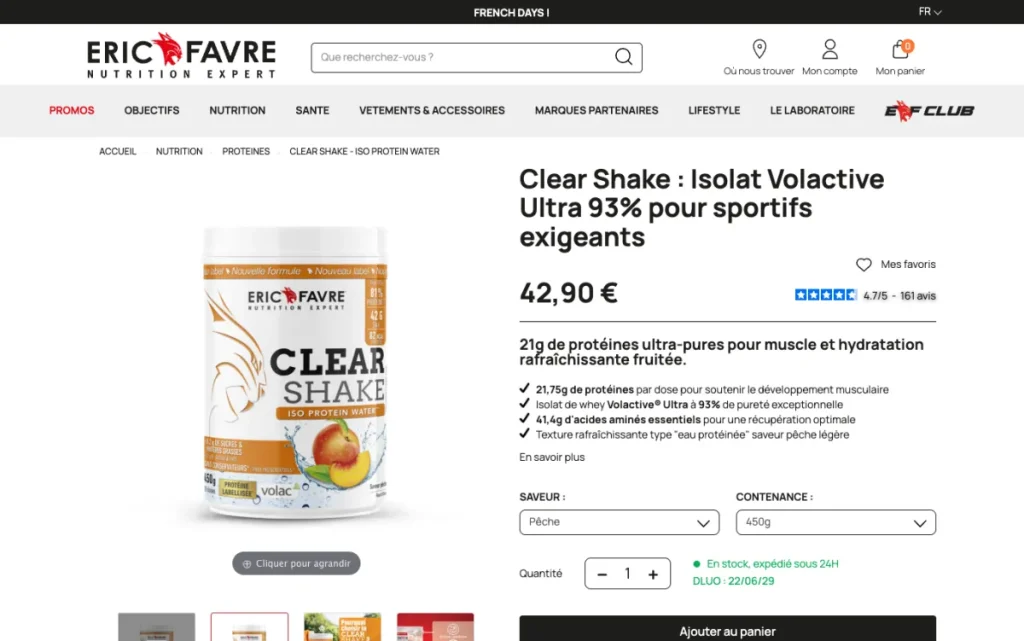 Page produit de la Clear Shake Iso Protein Water Eric Favre