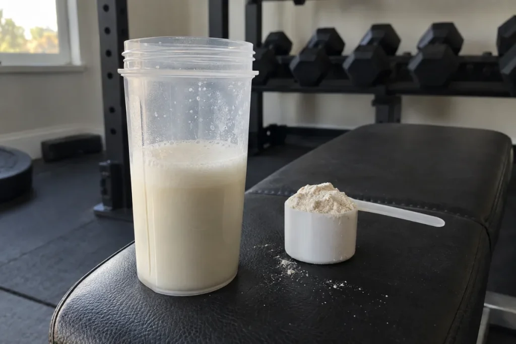 Shaker de whey vanille et doseur de poudre sur un banc de salle de sport
