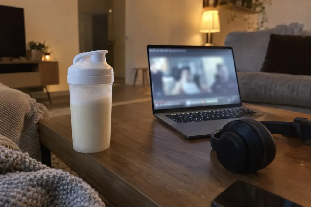 Shaker de whey vanille posé sur une table de salon à côté d'un ordinateur portable